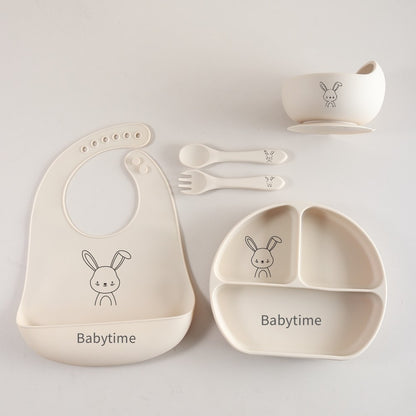 5pcs Bunny Baby Utensils Set, Food Grade Silicone Weaning Set with Bib, Suction Plate, Bowl, Spoon & Fork gift set