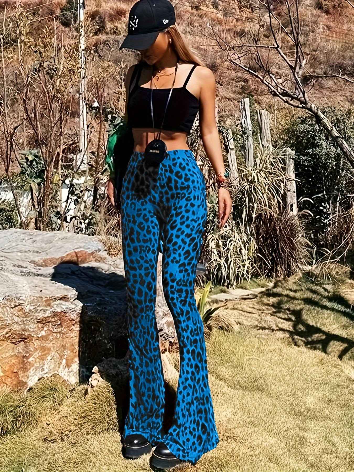 New High Waist Leopard Print Flare Pants Women's Stretchy Casual Streetwear Tummy Control Bootcut Trousers Elastic Waistband