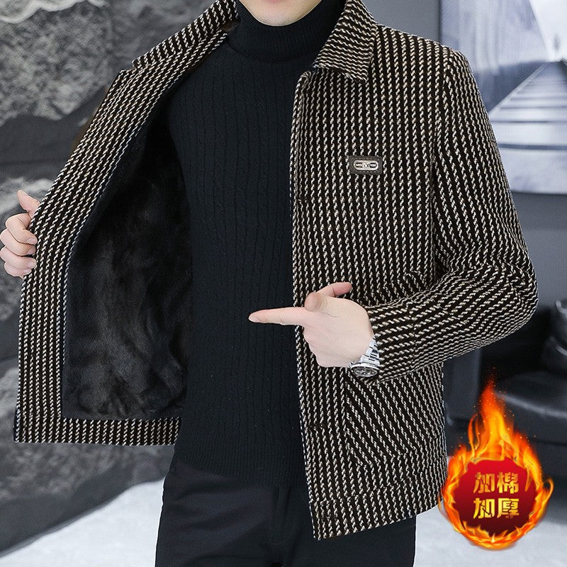 Korean Fashion Woolen Jacket for Men 2023 Winter Plaid Casual Business Trench Coat Slim Social Office Street Wear Short Overcoat