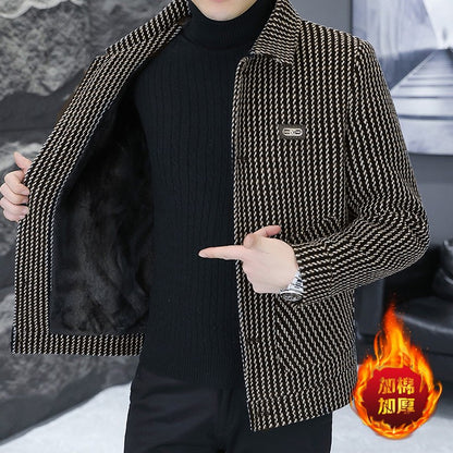 Korean Fashion Woolen Jacket for Men 2023 Winter Plaid Casual Business Trench Coat Slim Social Office Street Wear Short Overcoat