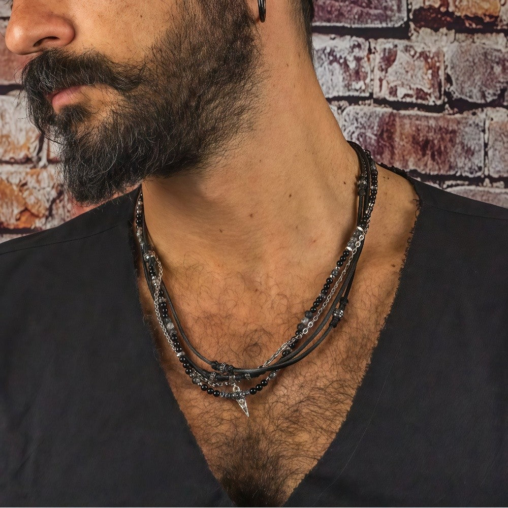 Colar masculino retrô de couro multicamadas com miçangas de ágata preta, acessórios de joias para festas boêmias, presentes