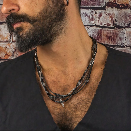 Retro Men Multilayer Leather Necklace Black Agate Beaded Necklace Bohemian Party Jewelry Accessories Gifts