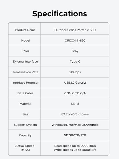 ORICO Portable SSD Up to 2000 MB/s USB 3.2 Gen 2 x 2 External Solid State Drive Water and Dust Resistance for Outdoors Zinc Allo