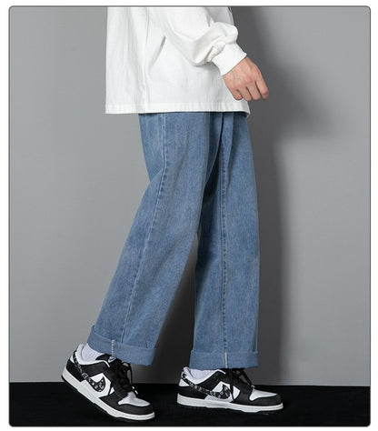 2025 Calças Jeans Casuais Masculinas Coreanas Novas Retas Longas Perna Larga Jeans Cor Sólida Azul Claro Cinza Preto