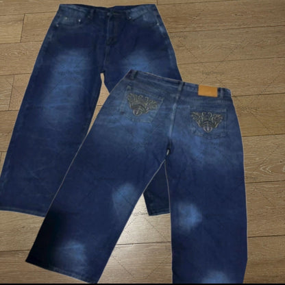 American Y2K Street Harajuku Clothing Retro Pattern Embroidery Washing Jeans Hip-hop Personality Trend Versatile Wide-leg Pants