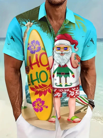 3D Print Christmas Themed Santa Claus Graphic Beach Shirts Men's Short Sleeve Lapel Hawaiian Shirt Summer Button Vacation Shirts