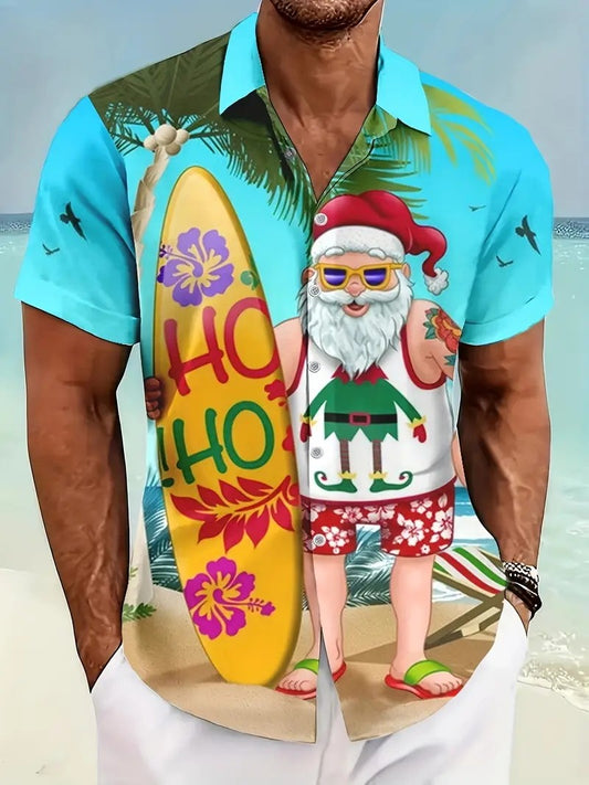 3D Print Christmas Themed Santa Claus Graphic Beach Shirts Men's Short Sleeve Lapel Hawaiian Shirt Summer Button Vacation Shirts