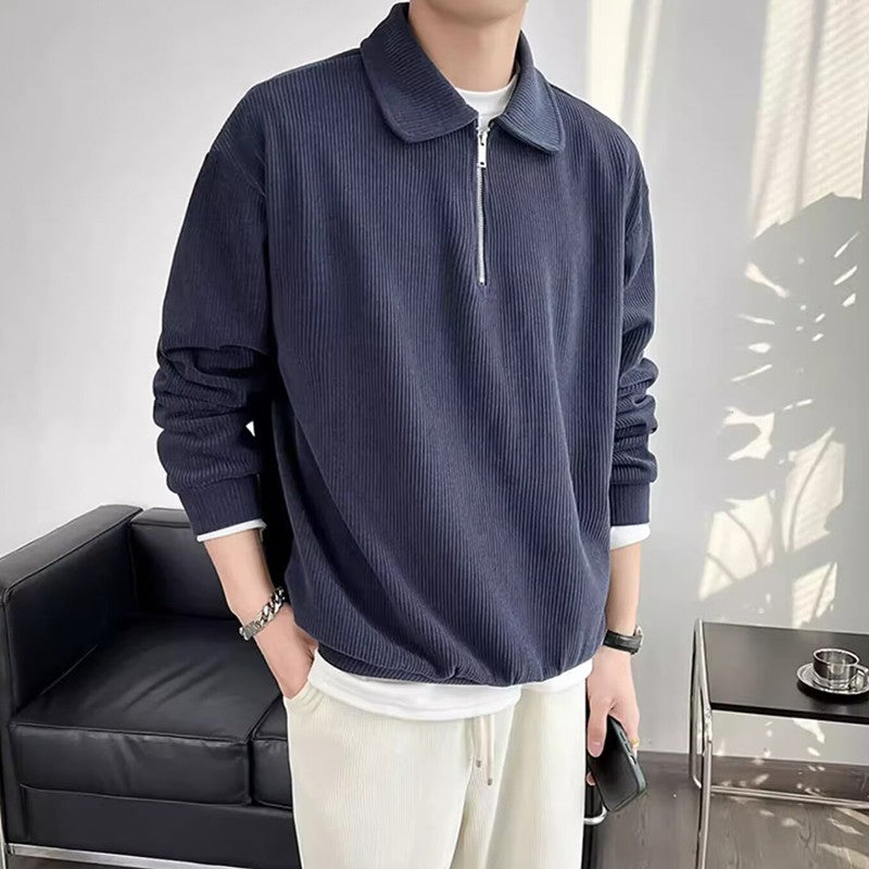 Autumn Vintage Polo Collar Sweater Men's Thickened Loose-Fit Half Zipper Knitwear New Anti-Pilling Flip Pullover Knit Sweaters