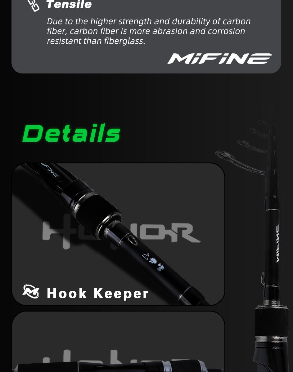 Vara de Pesca Telescópica MIFINE HONOR Fibra de Carbono 24T 2.1M 2.4M 2.7M Varas de Spinning para Viagem Peso da Isca 3-18g 6-27g Varas com Ponta Sólida