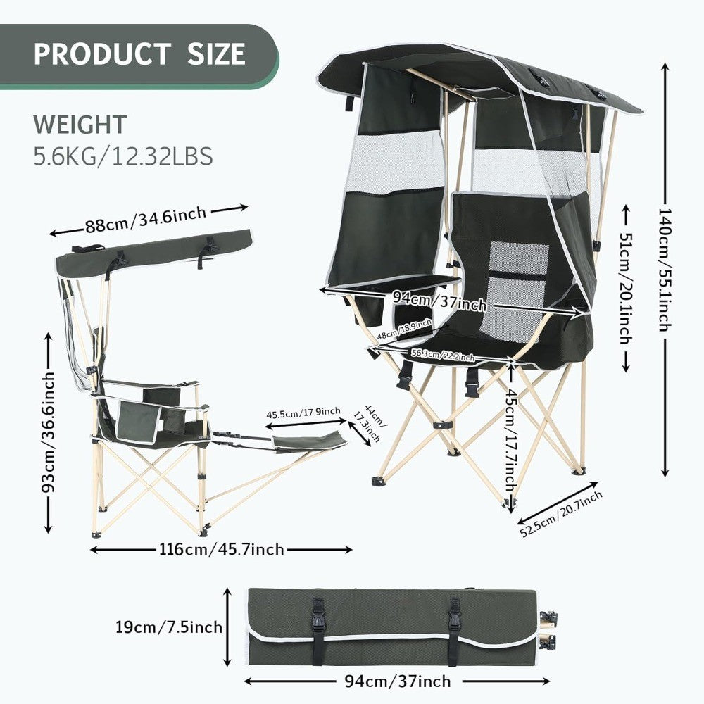 Cadeira de Acampamento CQ com Toldo, Cadeiras Esportivas para Adultos, Cadeira com Toldo e Apoio de Pés Removível, Cadeira para Pesca no Gelo com Porta-Copos