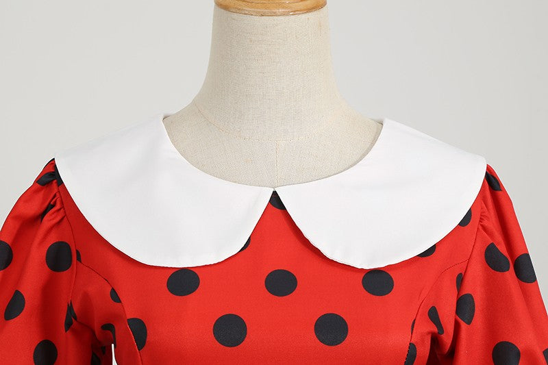 Elegant Women Summer Dress Puff Short Sleeve Polka Dot Peter pan Collar Vintage A-line Midi Long Party Sundress
