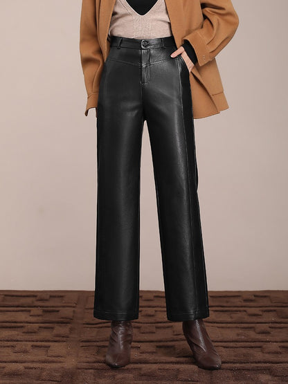 ZUZK Winter Pu Leather Pants New Elastic Waist Straight Pants PU Leather Trousers Large Size Fashion Warm Long Pants