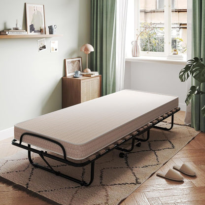 Folding Bed with Mattress, Rollaway Guest Bed w/ 4 Inch Memory Foam Mattress, Sturdy Metal Frame, Portable Bed Cot Size