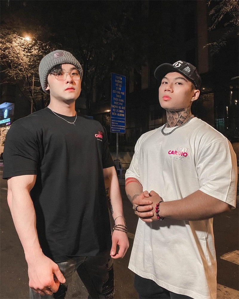 summer ANTI CARDIO Oversized sports t shirt short sleeves cotton t shirt Gym Fitness Male Training Workout Cotton Tees Tops