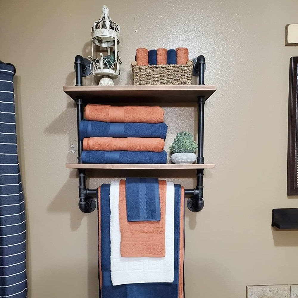 Industrial Pipe Style Wall Mounted Floating Shelves - 2-Tier 24 Rustic Wood Bathroom Shelf with Towel Rack