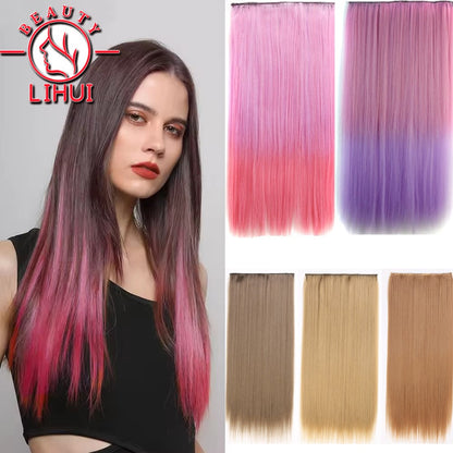 Extensões de cabelo sintéticas com clipe, longas e lisas, com 5 clipes em uma única peça, extensões de cabelo multicoloridas LIHUI