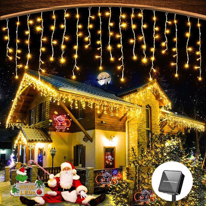 Christmas Lights Outdoor Waterproof Solar Curtain Icicle Lights Eaves Decor String Lights for Yard Party Holiday Decorations