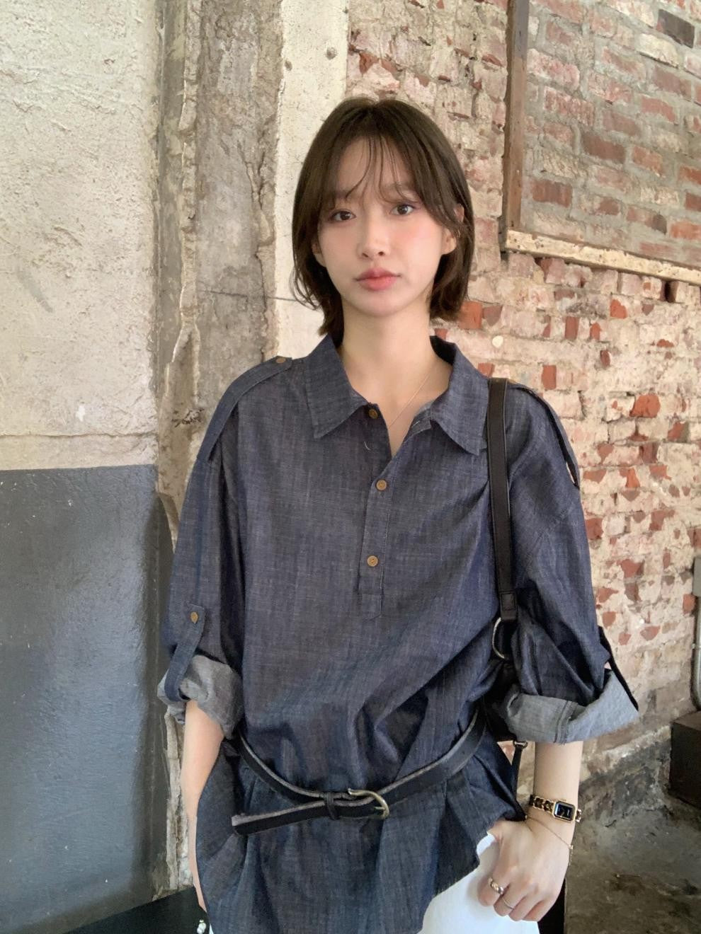 Versatile Chic Dongdaemun Denim Shirt Long Sleeve Woven Straight Cut Commute Urban Style Shirt Versatile Fashionable Shoulder...