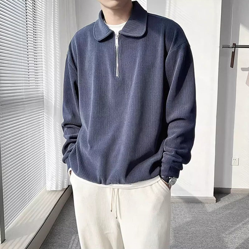 Autumn Vintage Polo Collar Sweater Men's Thickened Loose-Fit Half Zipper Knitwear New Anti-Pilling Flip Pullover Knit Sweaters