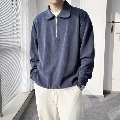 Autumn Vintage Polo Collar Sweater Men's Thickened Loose-Fit Half Zipper Knitwear New Anti-Pilling Flip Pullover Knit Sweaters