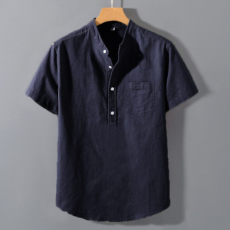 Summer Stand Up Collar T Shirts Solid Color Short Sleeve Cotton Shirt Trendy Breathable Loose Youth Basic Pocket Top