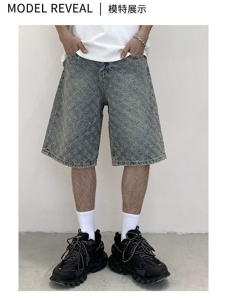 New Summer Men Distressed Short Jeans Vintage Jacquard Straight Leg Men's Denim Shorts Pants