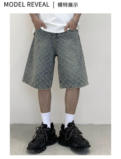 New Summer Men Distressed Short Jeans Vintage Jacquard Straight Leg Men's Denim Shorts Pants