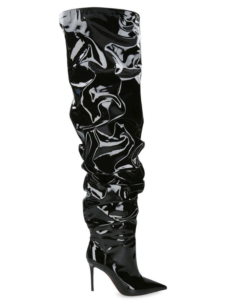 Women's New Pointed Pleated High-heeled Knee High Boots, Autumn and Winter Suede Thigh Boots, Women's Plus Size Stacking Boots