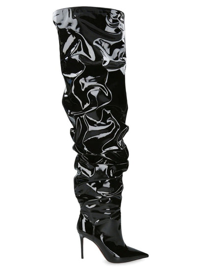 Women's New Pointed Pleated High-heeled Knee High Boots, Autumn and Winter Suede Thigh Boots, Women's Plus Size Stacking Boots