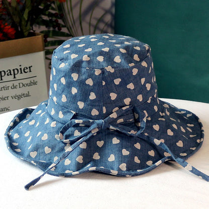 Chapéu feminino de verão, estampa de coração, aba grande para proteção solar, chapéu de sol de algodão e linho à prova de sol, chapéu de pescador dobrável