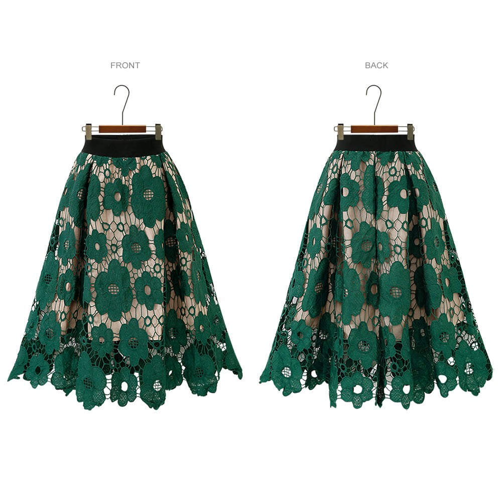 Summer Boho Lace Skirts Women Vintage Mesh Hollow Out Plus Size Skirt Elastic Waist Elegant  A-Line Midi Saias Black Red Green