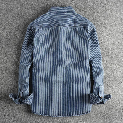 Yarn-dyed striped fabric washed to make old vintage cargo denim shirt for men European and American fashion casual shirt coat