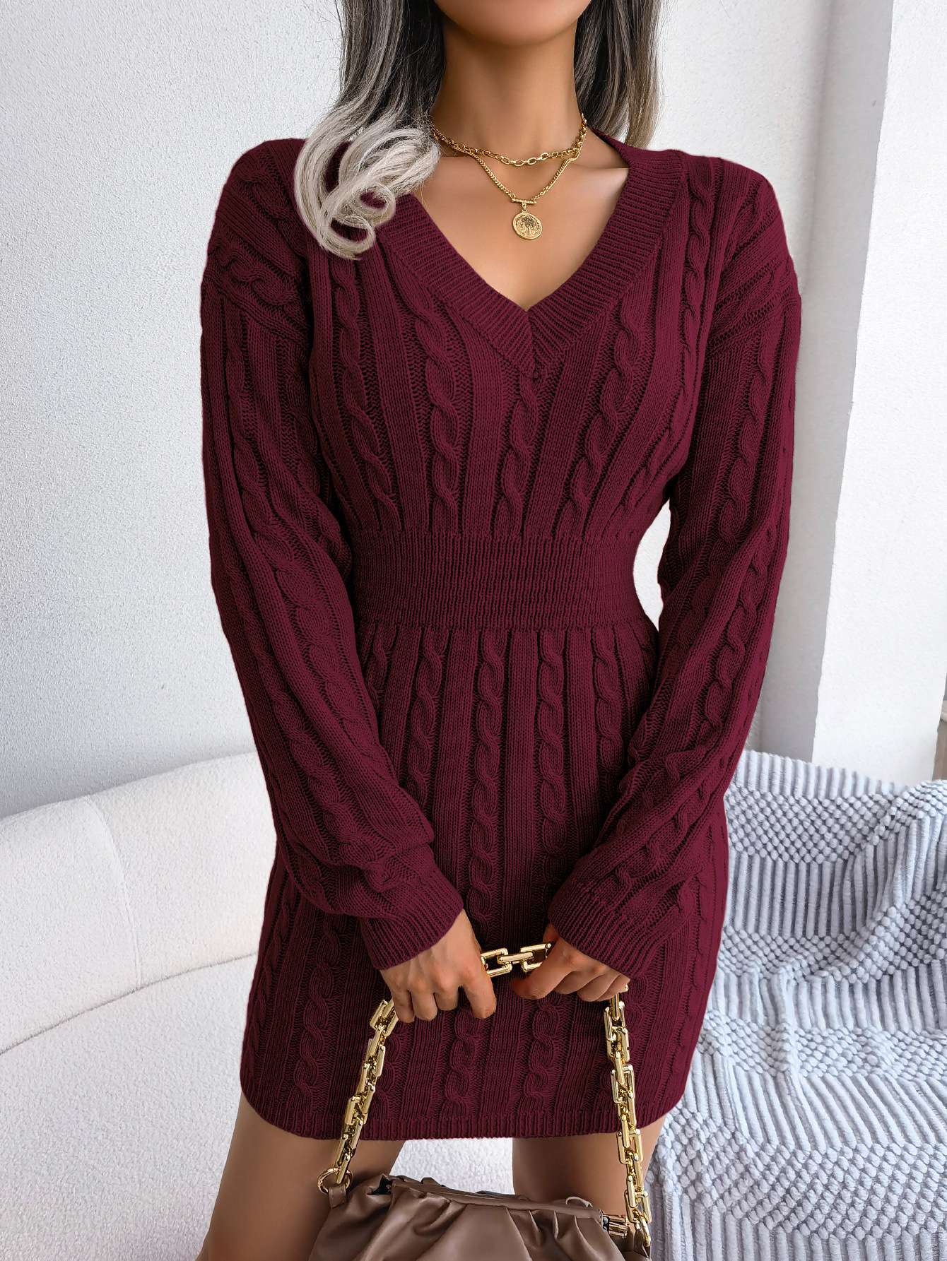 VigoCasey 2025 V Neck Casual Short Knit Dress Autumn Winter Women Solid Long Sleeve Dress Lady Khaki Bodycon Knitted Dresses