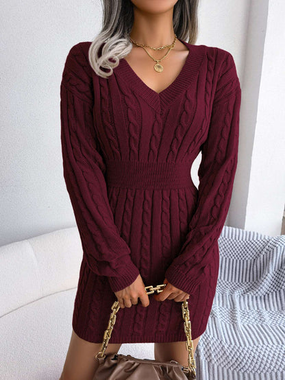 VigoCasey 2025 V Neck Casual Short Knit Dress Autumn Winter Women Solid Long Sleeve Dress Lady Khaki Bodycon Knitted Dresses