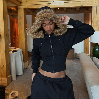 2025 New Autumn Winter Hooded Jackets Fashion Women Long Sleeve Slim Y2K Zipper Vintage Coats High Street Fleece Pocket Outwear