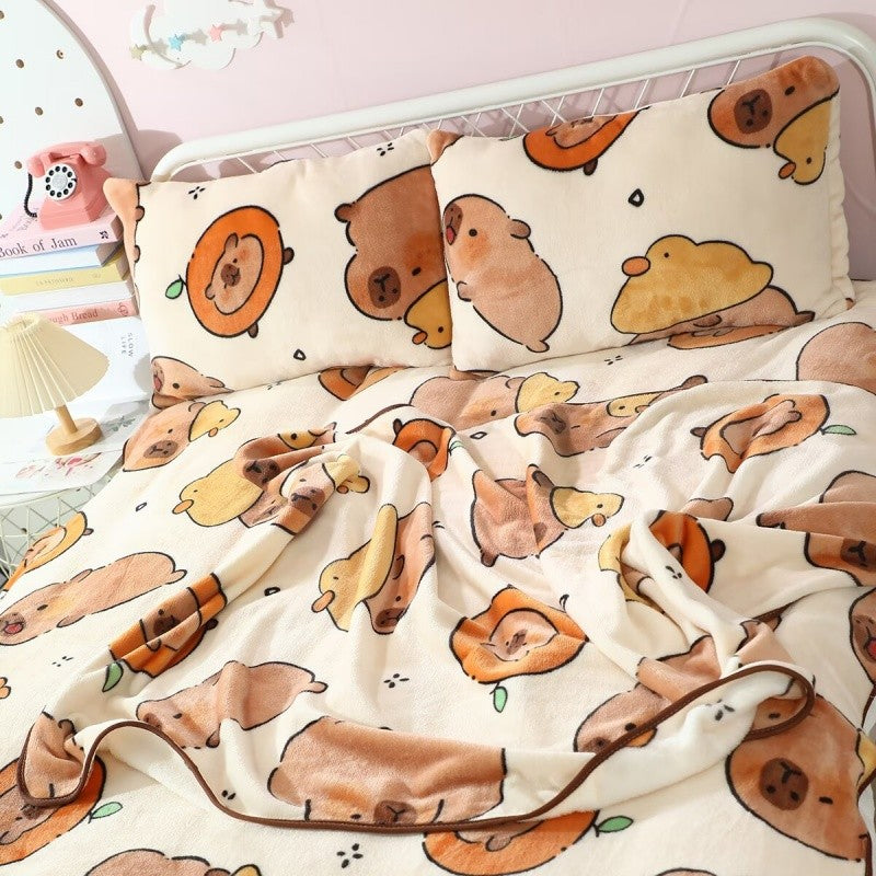 Cartoon Capybara Blanket Warm Flannel Nap Blanket Soft Comfortable Pillowcase Sofa Bed Sleeping Blanket Bedspread Girl Soft