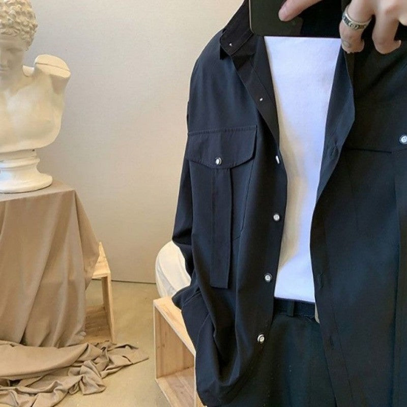 Gmiixder Cargo Long-sleeve Shirt with Tie Men's Oversize Kpop Shirt Korean Streetwear Versatile Motorcycle Pocket Streamers Coat