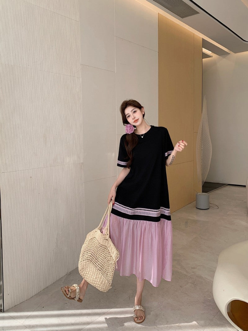 NYFS 2025 Summer Dress Loose plus Size Black Patchwork Pink Hem Long Dresses Robe Elbise Short Sleeve Korean Style Woman Dress