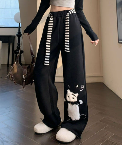 Cat Sweatpants Women Black Wide Leg Cute Casual Pants American Lazy Loose Fit Streetwear Spring Summer Trendy Unisex Outfit New