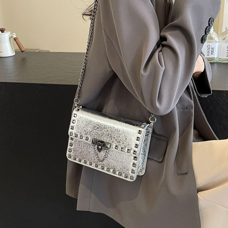 Rivet Small Shoulder Bags For Women Black Punk style Crossbody Bag Fashion Chain Flap Bag Leather Purses Designer Female Handbag