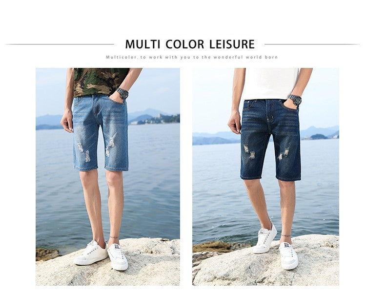 New Summer Men's Personalized Washable Perforated Denim Short Pants Male Casual Straight Short Jeans