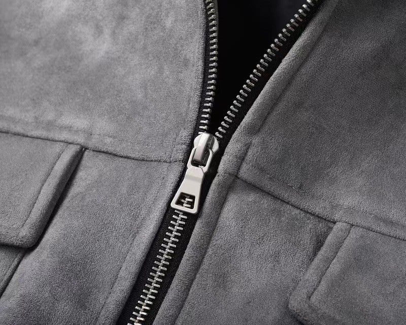 Vintage High Street Suede Material Crock Jacket With Zipper Lapel Casual Short Jacket For Men