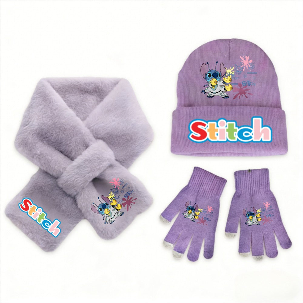 Conjunto de 3 peças de chapéu, cachecol e luvas de malha de inverno Stitch Disney Kawaii quente para meninas Acessórios casuais de moda infantil presente de Natal perfeito