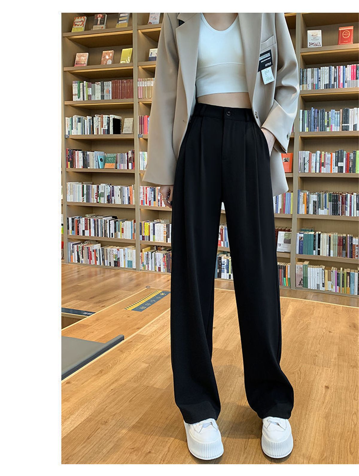 Fashion High Waist Wide Leg Pants Women Spring Fall Baggy Black Trouser Office Ladies Full Length Straight Suit Pant Outwear New