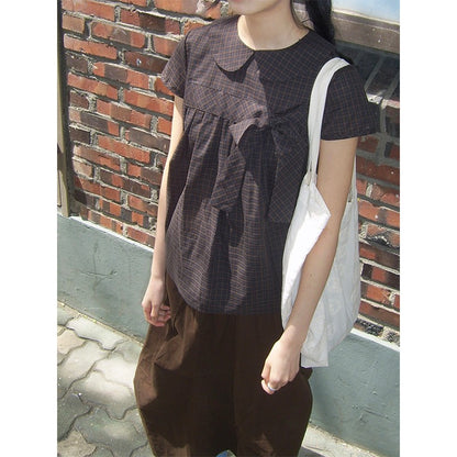Vintage Plaid Shirts Women Japanese Harajuku Bow Peter Pan Collar Blouses Summer Korean Aesthetic Short Sleeve Casual Tops New