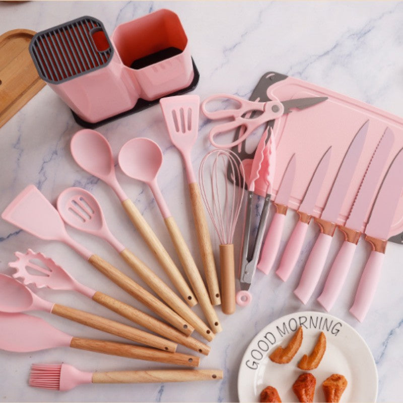 Conjunto de utensílios de cozinha de silicone, 19 peças com cabo de madeira, espátula, panela antiaderente e balde de armazenamento de facas multiuso integrado