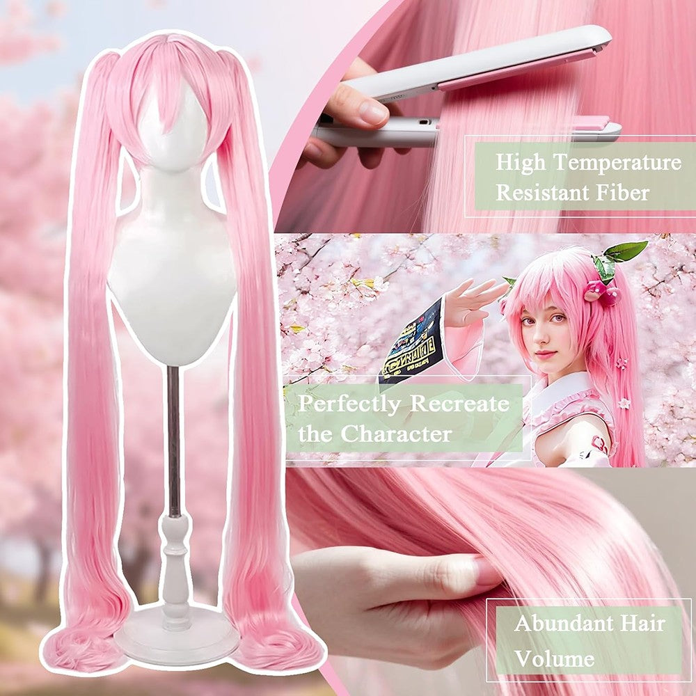 Peruca de Cabelo Sintético de Cosplay de Anime Miku de Alta Qualidade 116 cm de Comprimento com Rabo de Cavalo Duplo Destacável para Festa de Halloween e Carnaval Resistente ao Calor