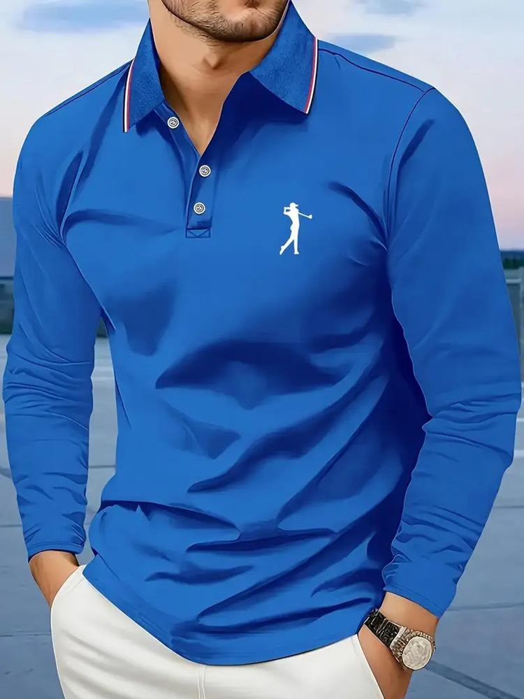 Breathable Men's Casual Long Sleeve Polo Shirt Comfortable Fit Graphic Print Stripes and Golf Player Graphic Men's Golf Shirt