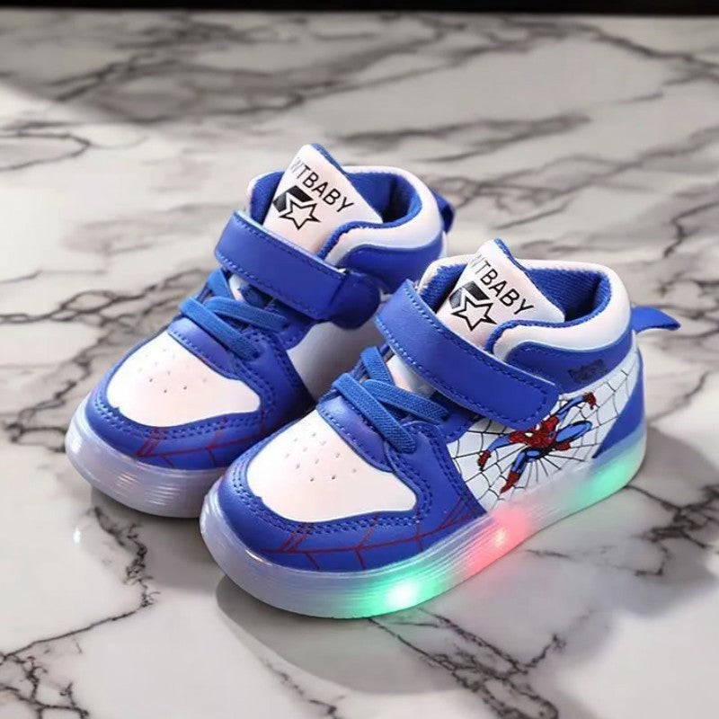 Disney Children's Sneakers Boys Girls Spiderman Led Light Sport Shoes Student Shoes Hook Anti-slip Kids Outdoor Basket Shoes