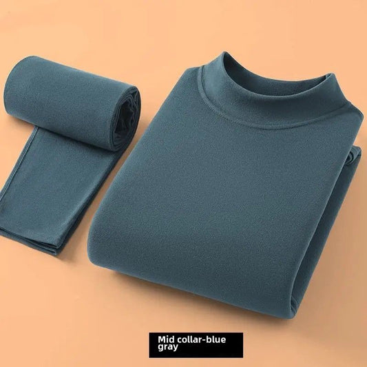 Winter Top and Pants Set Home Wear Warmth Solid Casual Men's Deerskin Thermal Suit High Collar Underwear Heat Velvet Tshirt Set